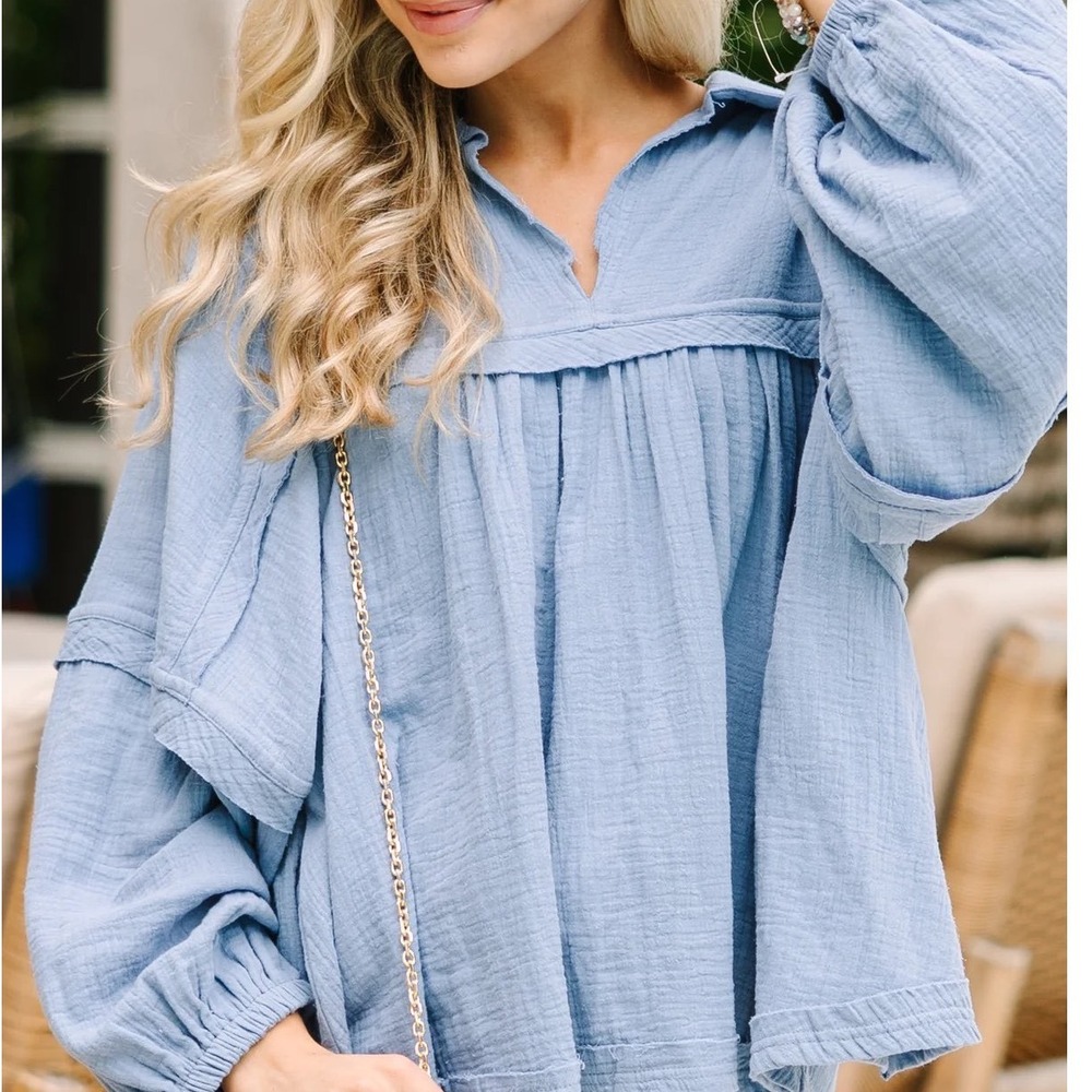 The Impeccable Pig Blue Gauze Blouse Top Shirt Size M Raw Hem V-Neck Boho Boxy